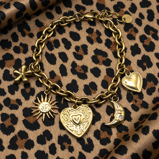 COSMIC CHARM – Bracciale con Ciondoli Sole, Luna, Cuore e Fiore in Acciaio Inossidabile – Eldra Milano