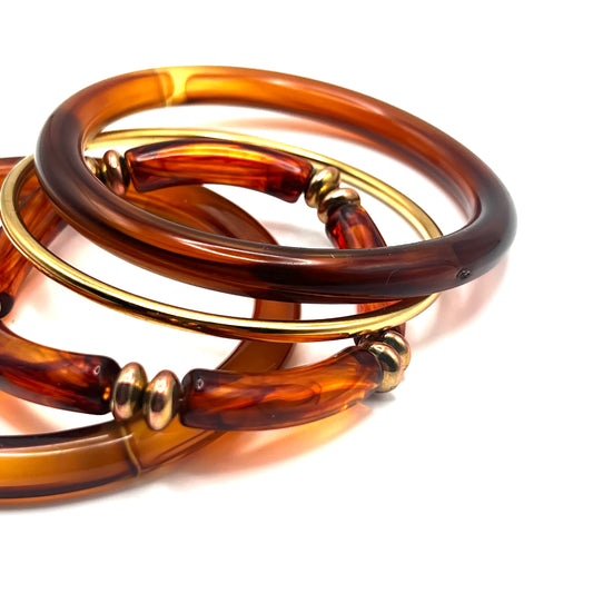 Set 4 Bracciali AMBER DREAM – Bracciali Rigidi ed Elasticizzati in Resina Tartarugata e Acciaio Inox Oro