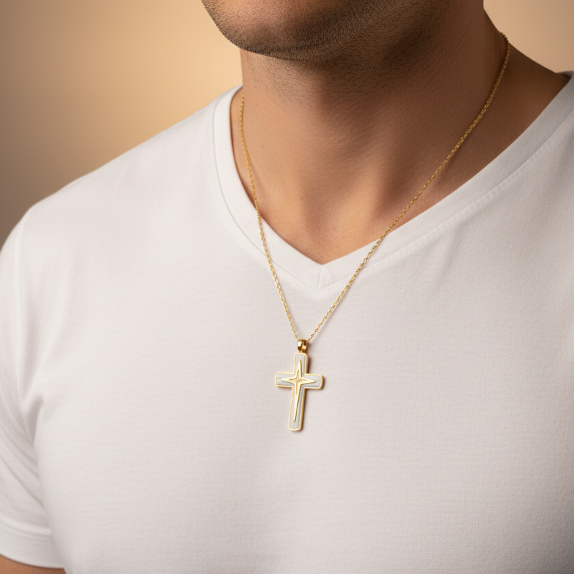 Collana SACRED LIGHT Gold | Croce Bicolore in Acciaio Inox – Eldra Milano