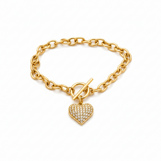 GLOW HEART TOGGLE – Bracciale a Catena con Cuore di Strass e Chiusura T-Bar – Eldra Milano
