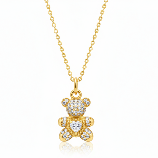 GLOW TEDDY NECKLACE – Collana con Pendente Orsetto in Strass e Zircone a Cuore – Eldra Milano