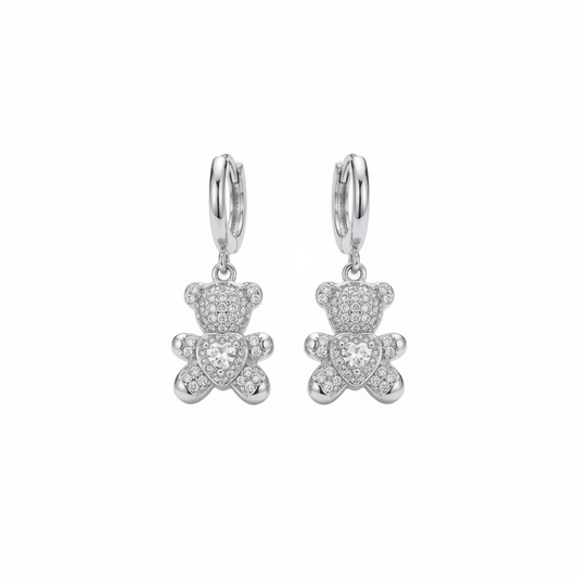 Orecchini orso GLOW TEDDY – Orecchini a Cerchio con Pendente Orsetto, Strass e Zircone a Cuore – Eldra Milano