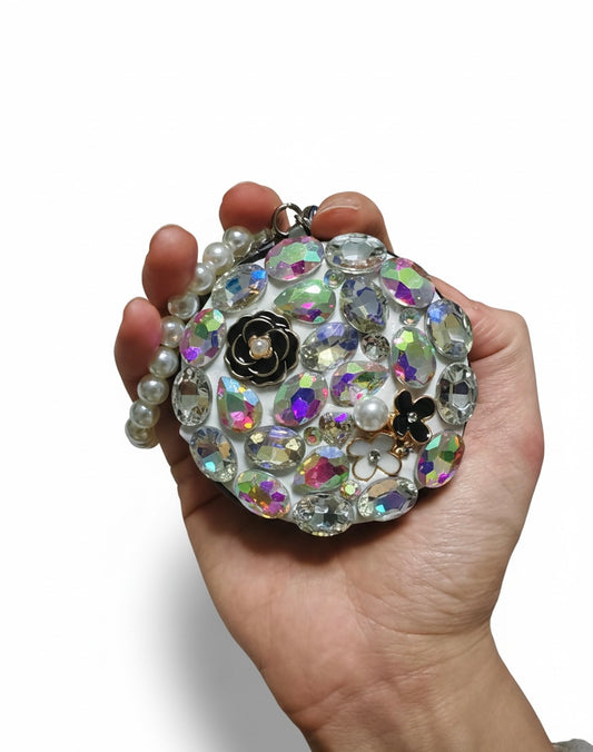 Specchietto da Borsetta con Cristalli e Perle