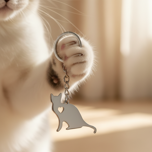 Portachiavi MY CAT – Silhouette Gatto con Cuore in Acciaio Inox Silver Personalizzabile