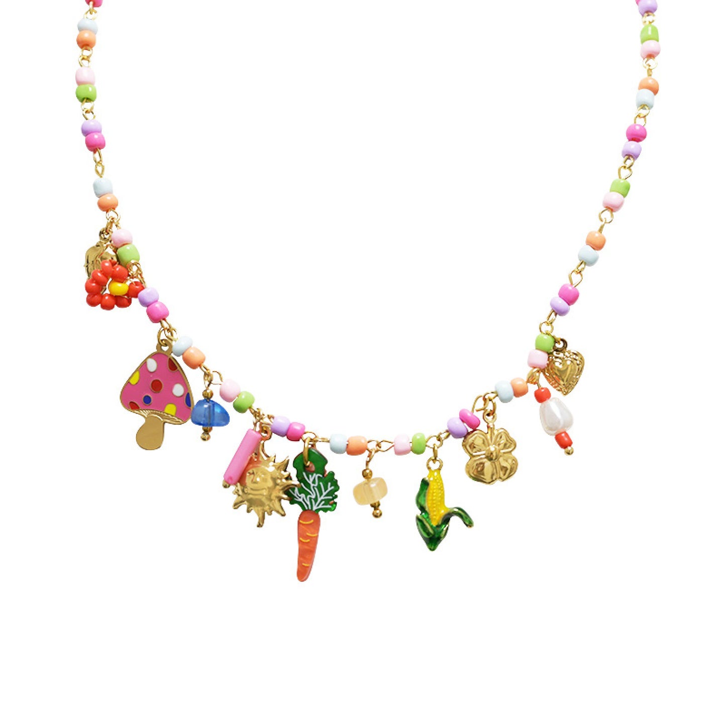 GLOW FANTASY – Collana con Perline Multicolore e Charms (Sole, Fiore, Fungo, Mais) – Eldra Milano