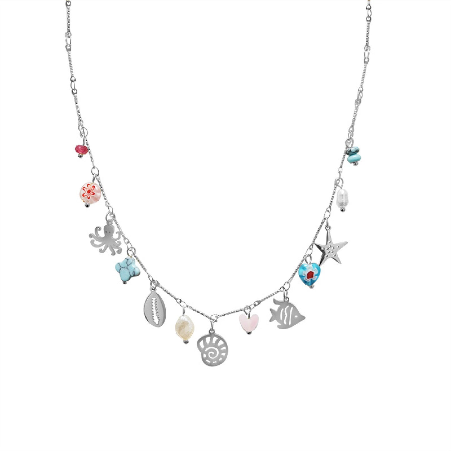 OCEAN TREASURE – Collana in Acciaio con Charms Marini, Perle e Pietre Colorate – Eldra Milano