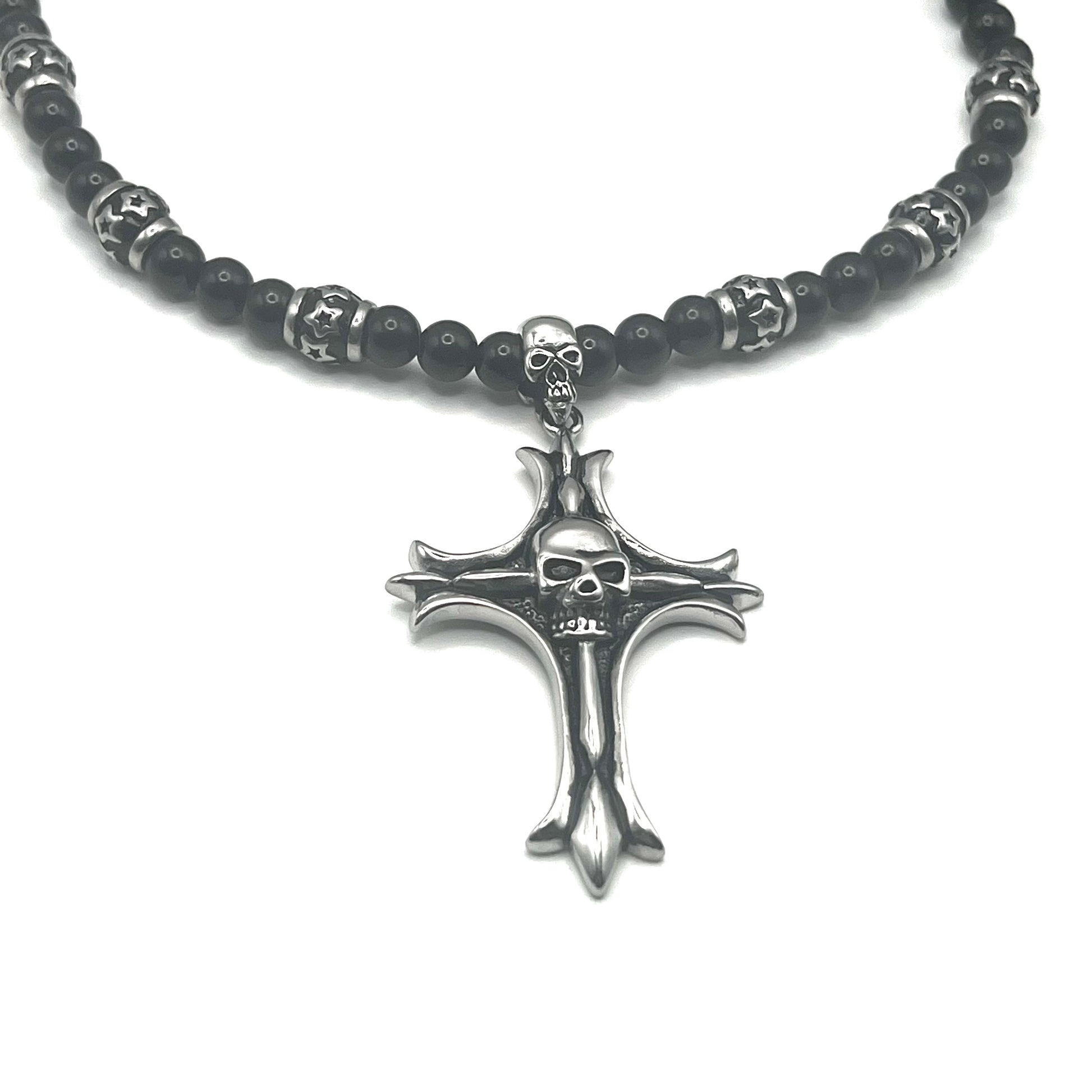 Collana MEMENTO MORI | Rosario con Grani Neri e Croce con Teschi in Acciaio Inox – Eldra Milano