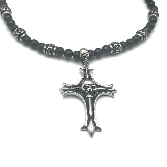 Collana MEMENTO MORI | Rosario con Grani Neri e Croce con Teschi in Acciaio Inox – Eldra Milano
