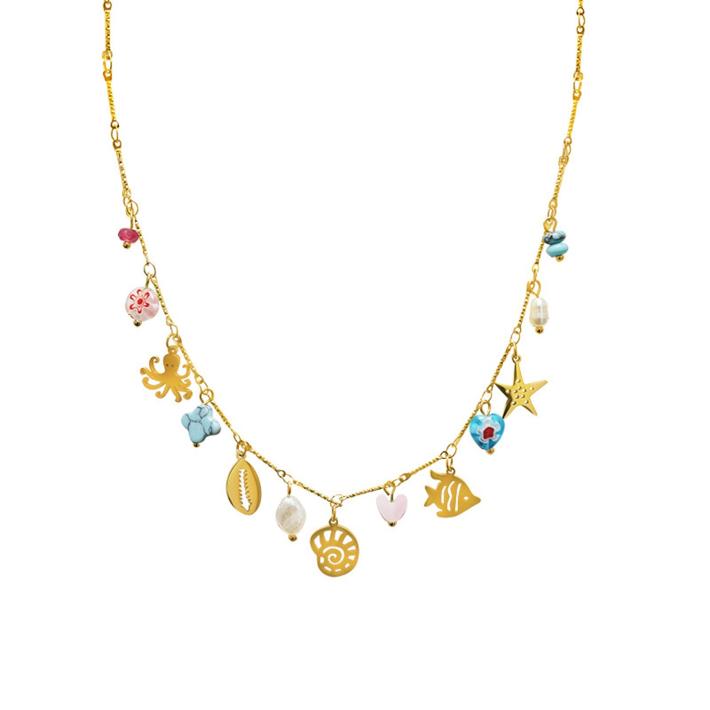 OCEAN TREASURE – Collana in Acciaio con Charms Marini, Perle e Pietre Colorate – Eldra Milano