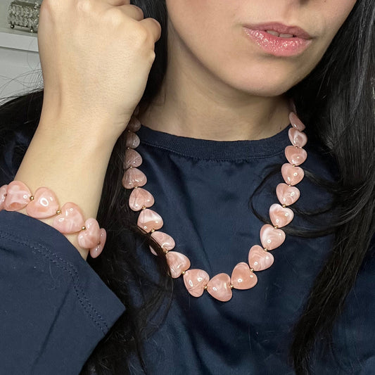 SET ROMANTIC HEART | Collana e Bracciale Coordinati con Cuori in Resina Effetto Seta e Acciaio Inox – Eldra Milano