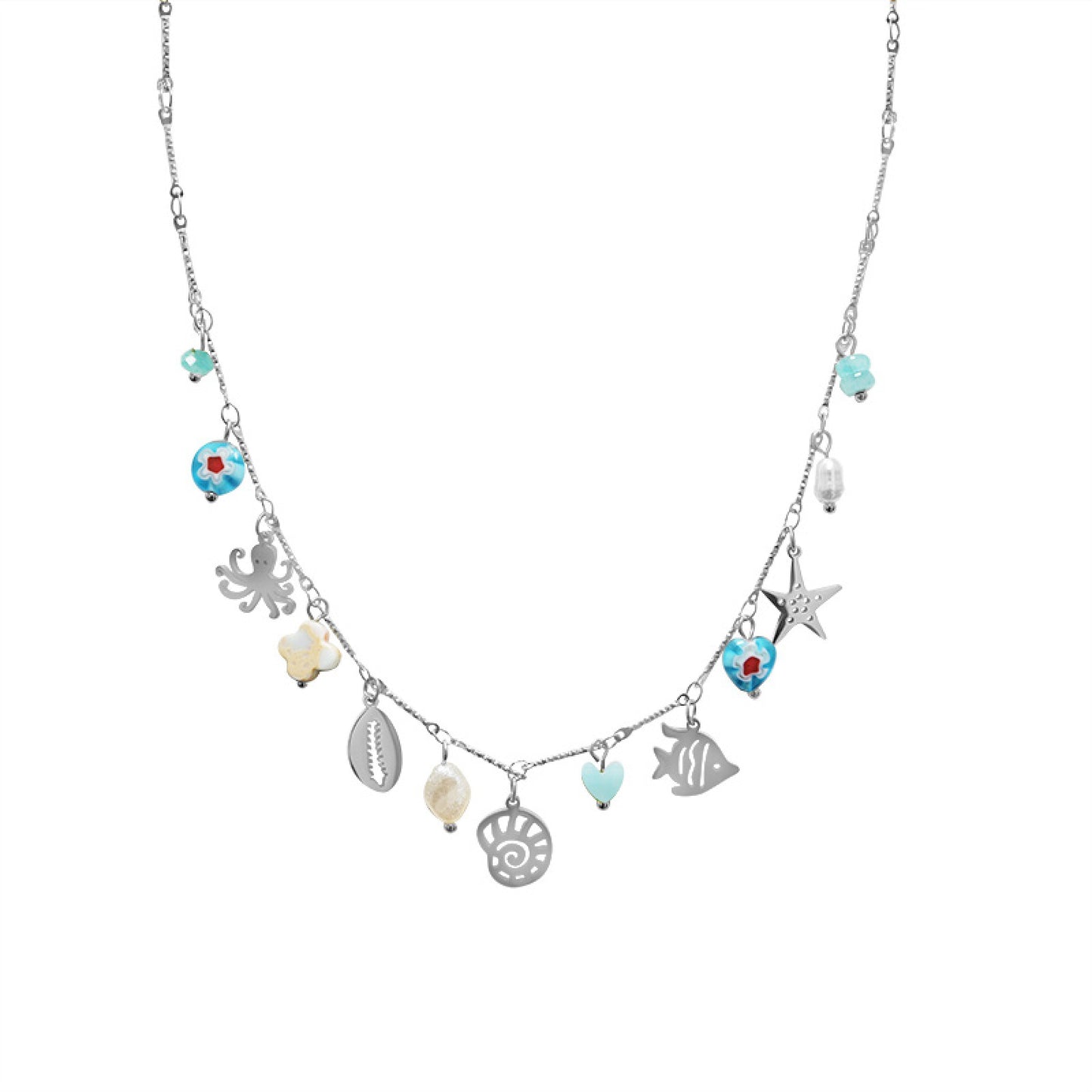 OCEAN TREASURE – Collana in Acciaio con Charms Marini, Perle e Pietre Colorate – Eldra Milano