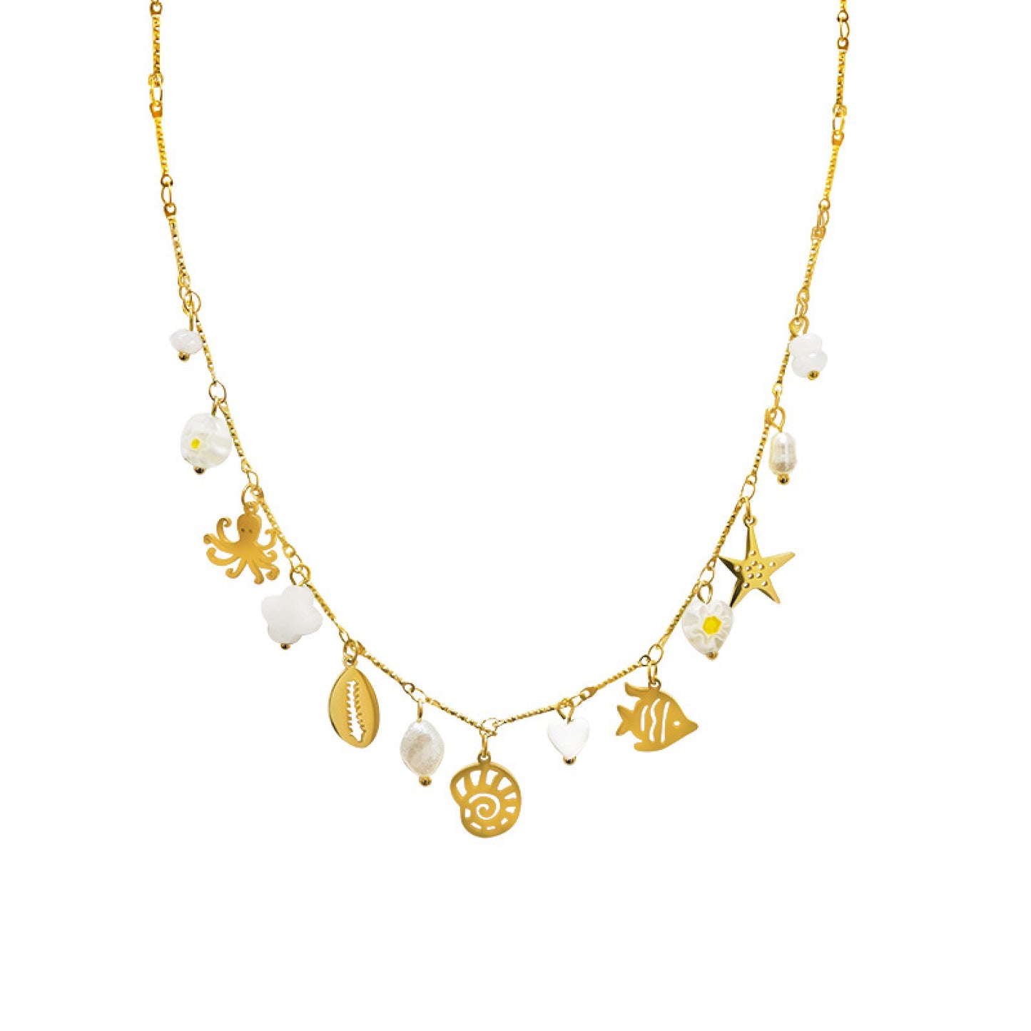 OCEAN TREASURE – Collana in Acciaio con Charms Marini, Perle e Pietre Colorate – Eldra Milano