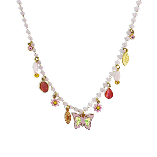 GLOW BUTTERFLY – Collana con Perline e Pendente Farfalla in Acciaio Colorato – Eldra Milano