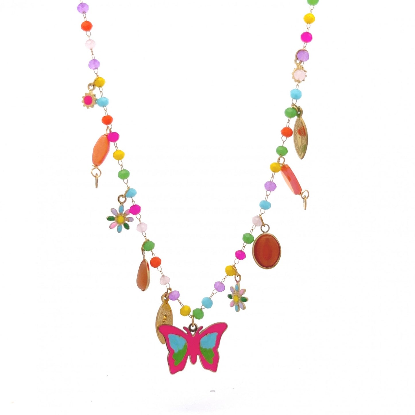 GLOW BUTTERFLY – Collana con Perline e Pendente Farfalla in Acciaio Colorato – Eldra Milano