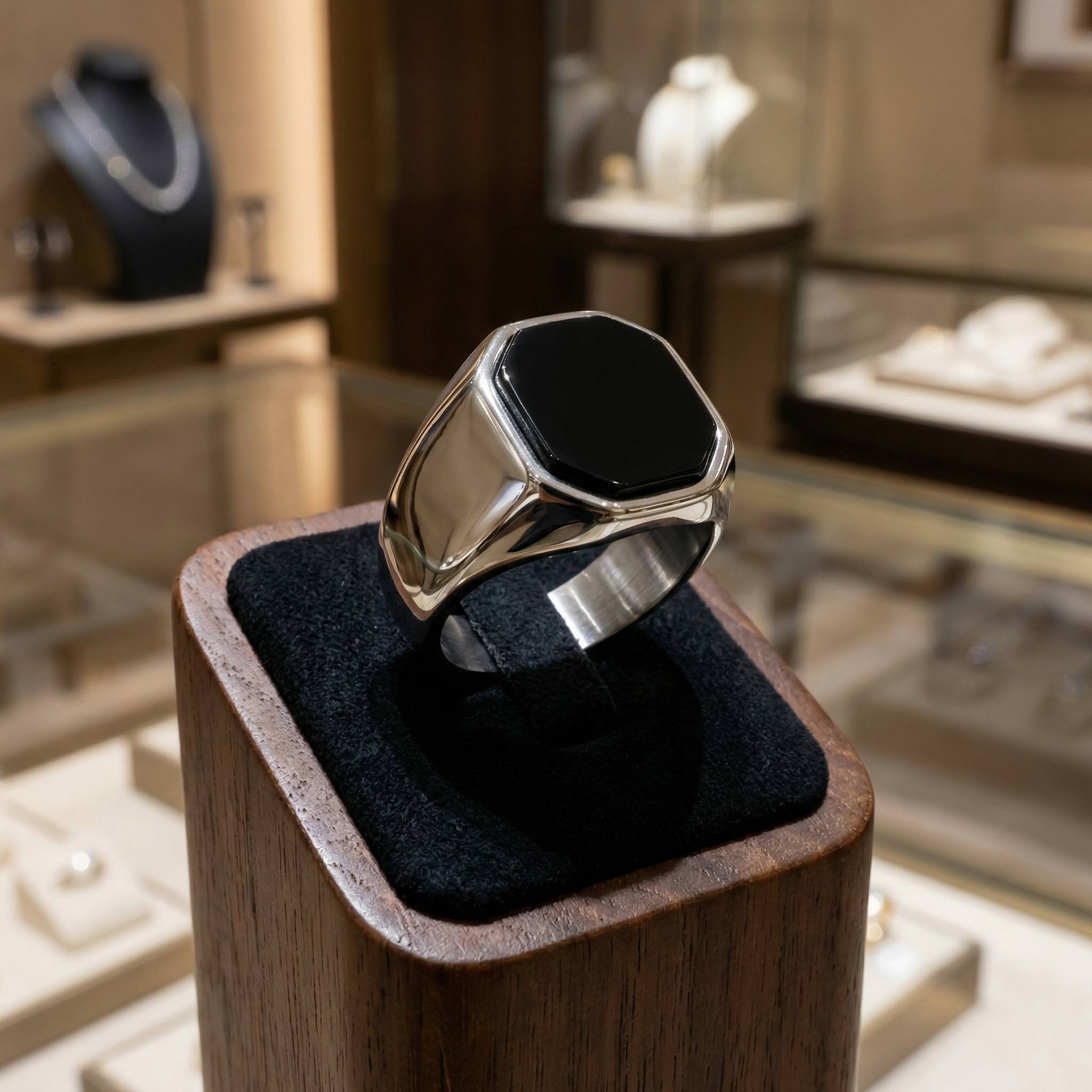 Anello "Nox" - Onice Nero & Acciaio Inox