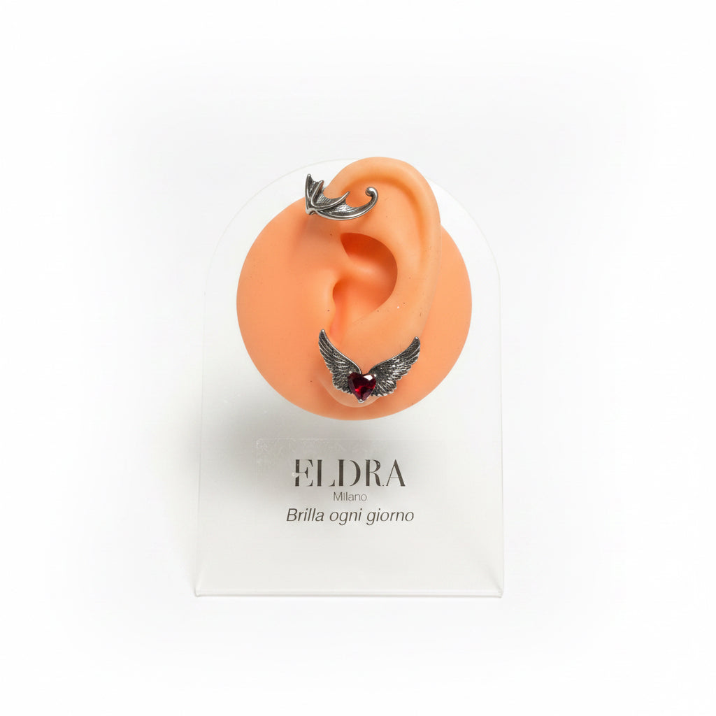 Orecchino Ear Crawler con zircone a cuore e ali