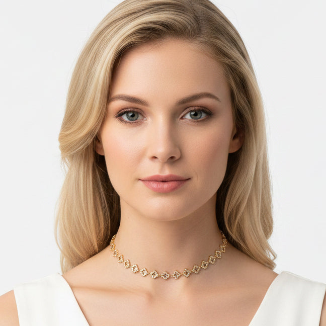 Collana girocollo quadrifogli con zirconi