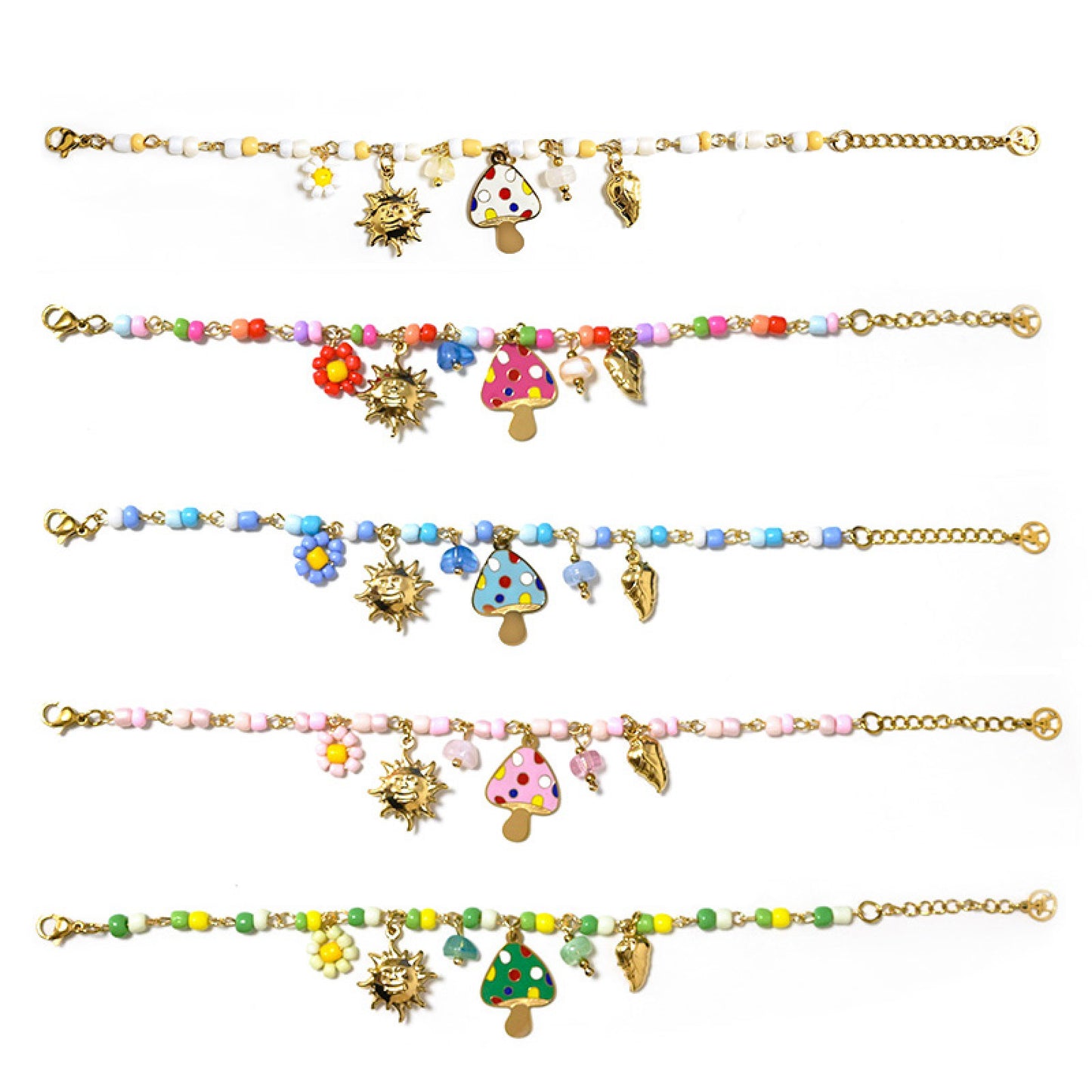 GLOW FANTASY BRACELET – Bracciale con Perline Colorate e Charms (Sole, Fiore, Fungo, Cuore) – Eldra Milano