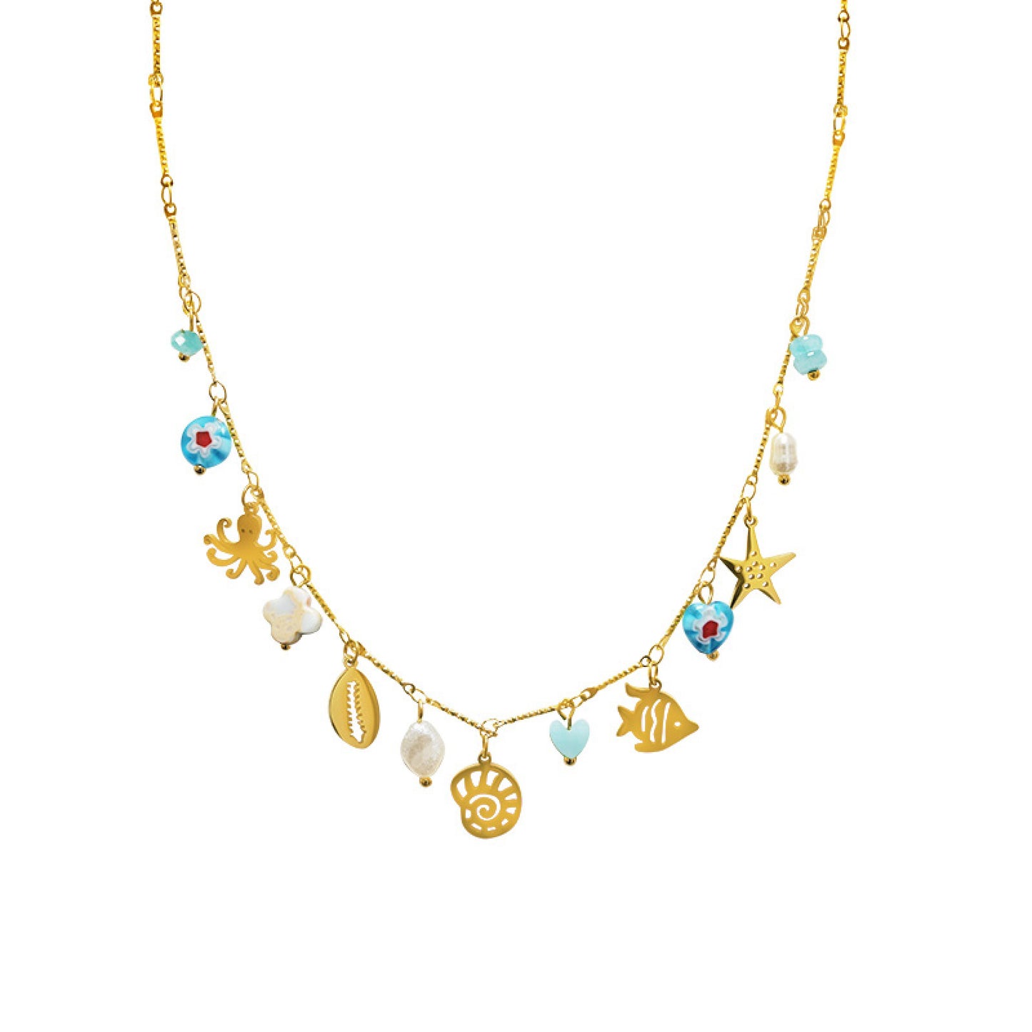 OCEAN TREASURE – Collana in Acciaio con Charms Marini, Perle e Pietre Colorate – Eldra Milano