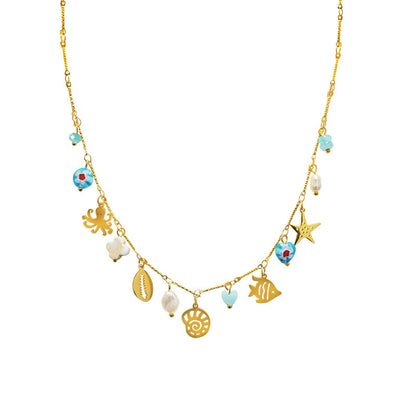 OCEAN TREASURE – Collana in Acciaio con Charms Marini, Perle e Pietre Colorate – Eldra Milano