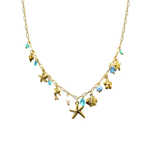 GLOW OCEAN – Collana in Acciaio con Charms Marini (Stella, Pesce, Delfino) e Pietre Colorate – Eldra Milano