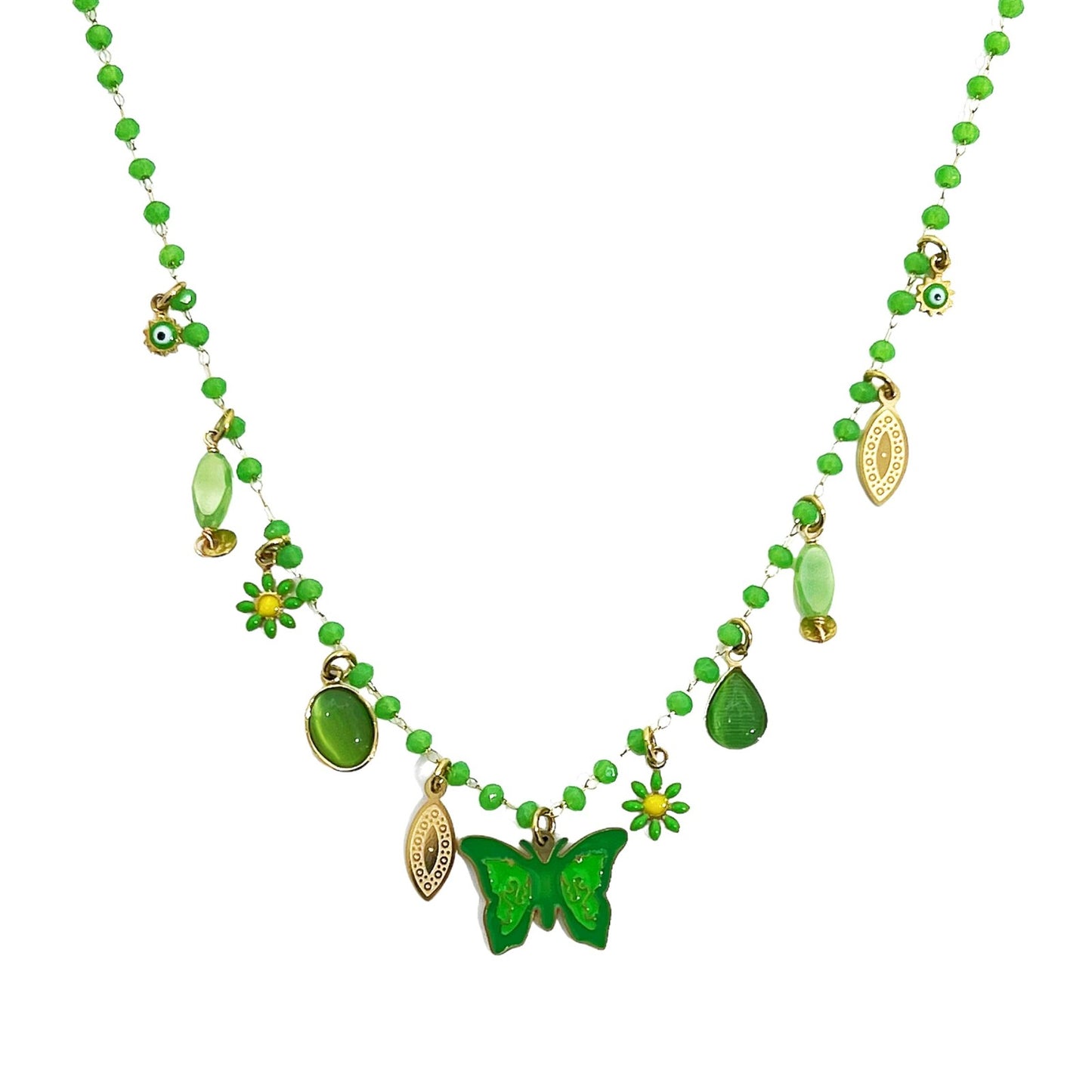 GLOW BUTTERFLY – Collana con Perline e Pendente Farfalla in Acciaio Colorato – Eldra Milano