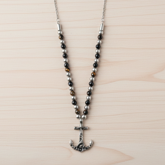 ANCHOR PRIDE – Collana Uomo con Ancora in Acciaio e Pietre Scure – Eldra Milano