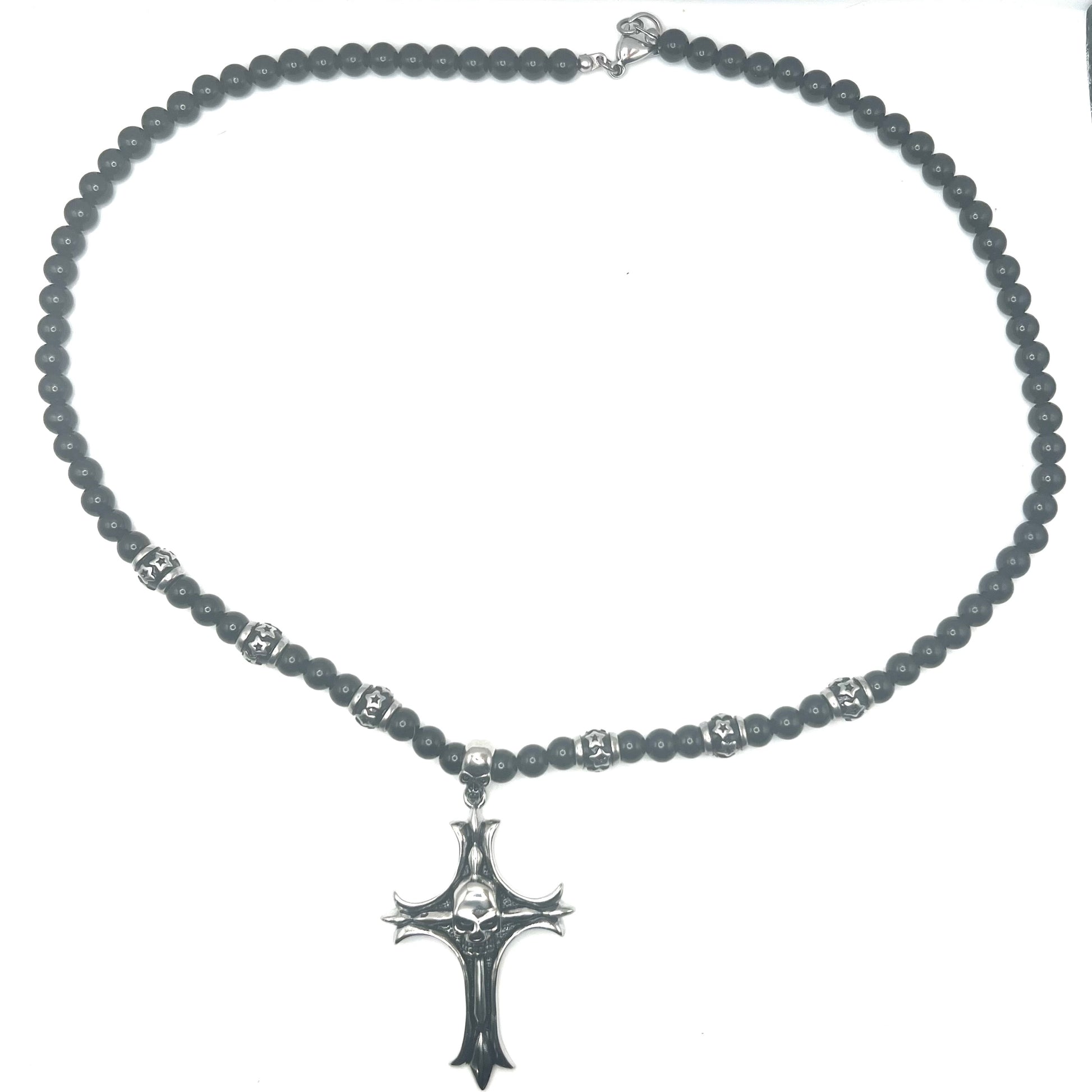 Collana MEMENTO MORI | Rosario con Grani Neri e Croce con Teschi in Acciaio Inox – Eldra Milano