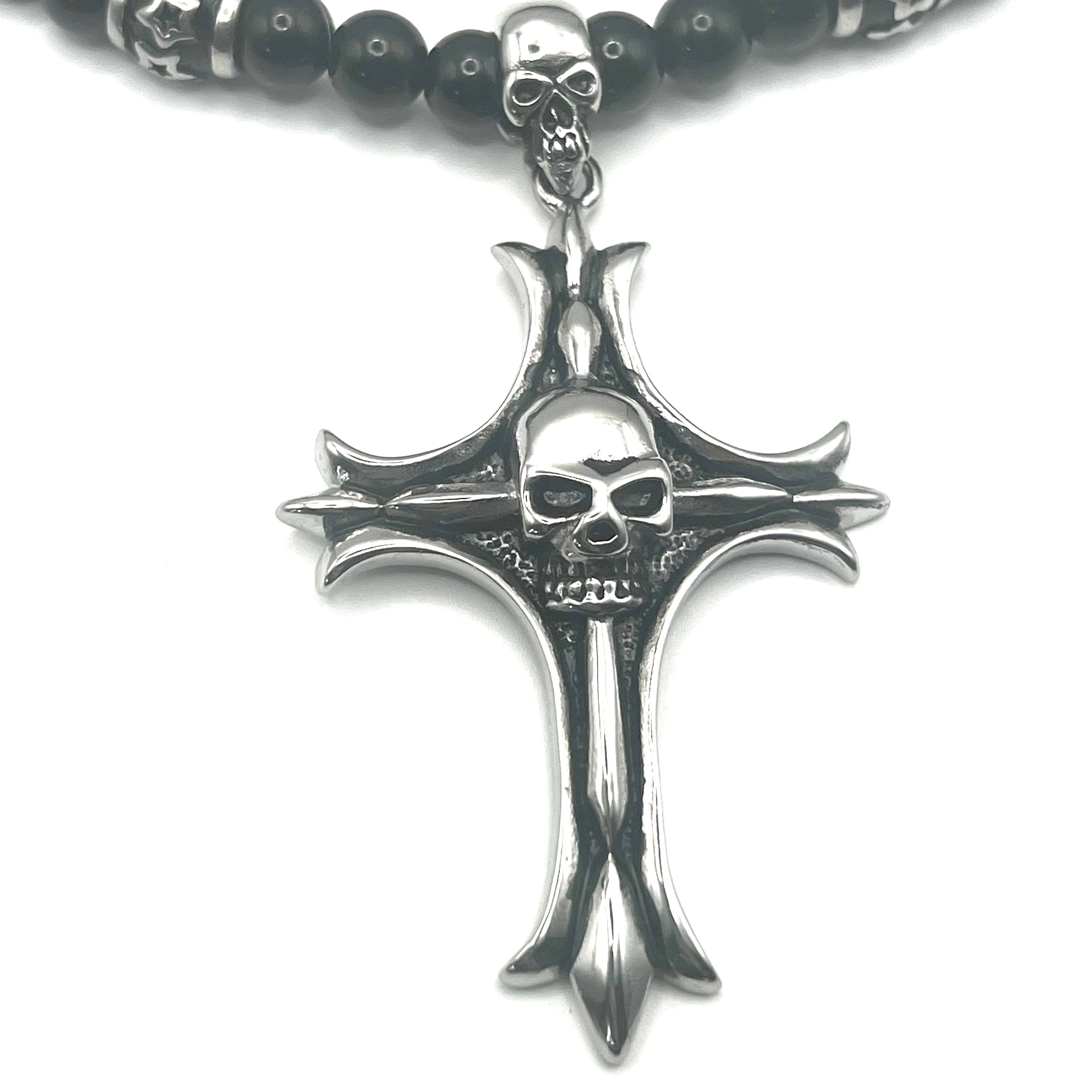 Collana MEMENTO MORI | Rosario con Grani Neri e Croce con Teschi in Acciaio Inox – Eldra Milano