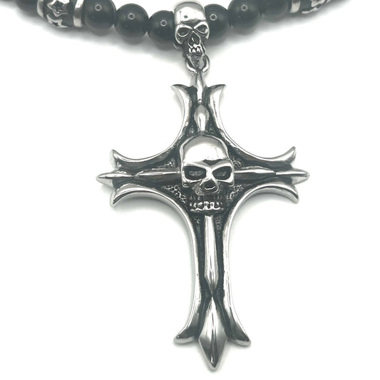Collana MEMENTO MORI | Rosario con Grani Neri e Croce con Teschi in Acciaio Inox – Eldra Milano