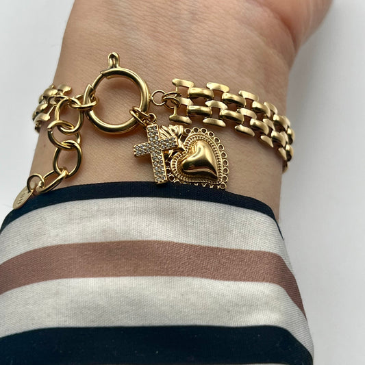 Bracciale SACRED BRICK – Maglia Mattoncino con Charms Cuore Sacro e Croce in Acciaio Inox Oro