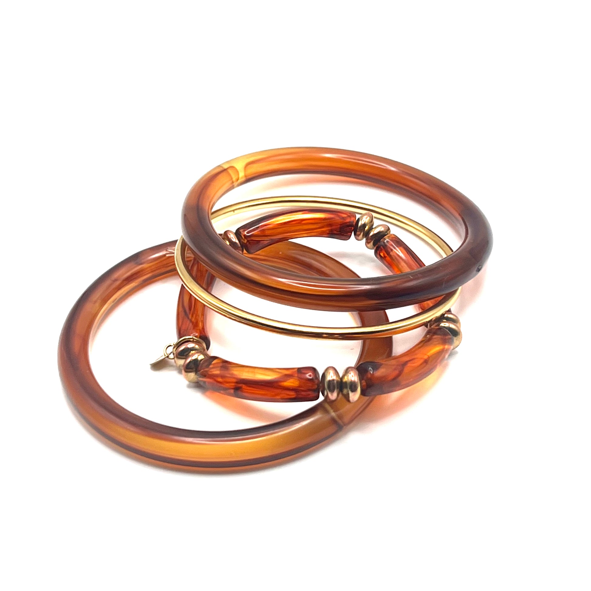 Set 4 Bracciali AMBER DREAM – Bracciali Rigidi ed Elasticizzati in Resina Tartarugata e Acciaio Inox Oro