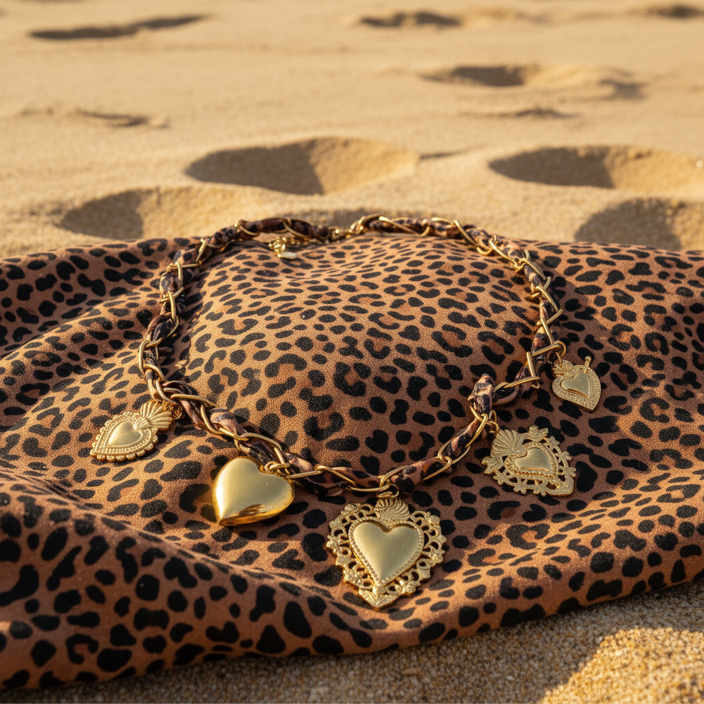 Collana WILD HEART – Girocollo in Acciaio Inox Oro con Cuori Sacri e Intreccio Leopardato