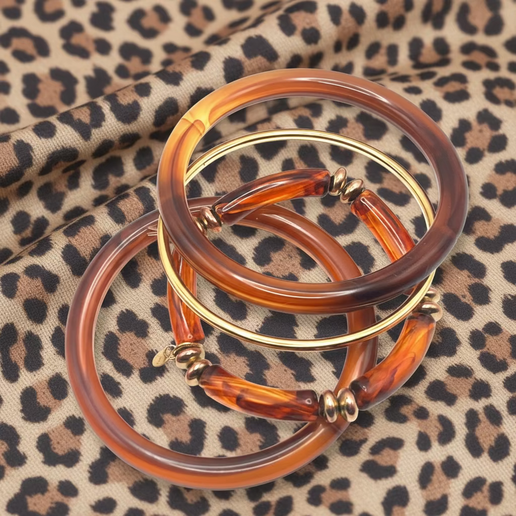 Set 4 Bracciali AMBER DREAM – Bracciali Rigidi ed Elasticizzati in Resina Tartarugata e Acciaio Inox Oro