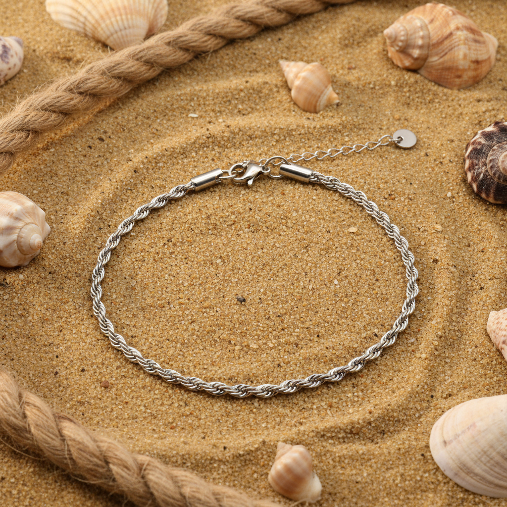 CAVIGLIERA ROPE BOLD ANKLET – Cavigliera a Corda in Acciaio Inossidabile (19 cm + 5 cm) – Eldra Milano