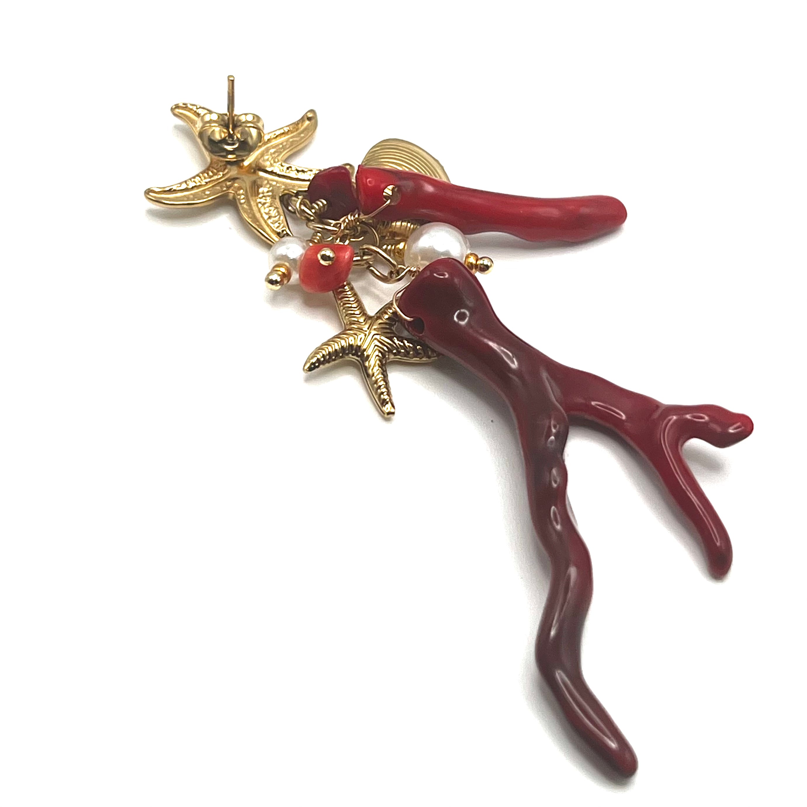 Orecchini CORAL REEF - Pendenti Corallo Rosso e Stelle Marine in Acciaio Inox - Eldra Milano