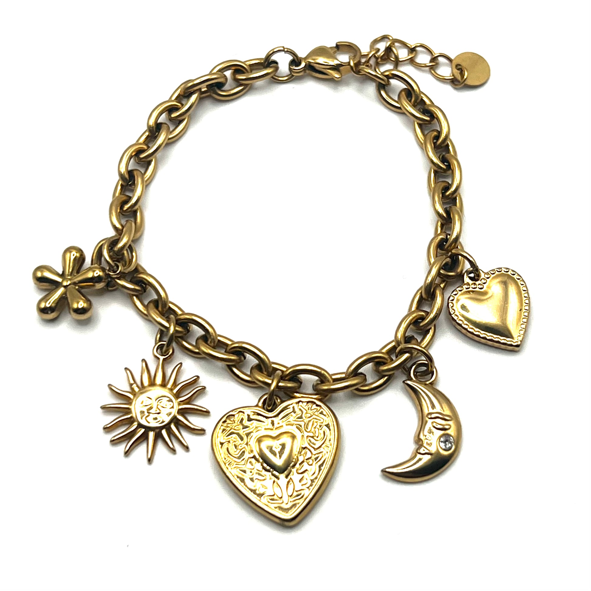 COSMIC CHARM – Bracciale con Ciondoli Sole, Luna, Cuore e Fiore in Acciaio Inossidabile – Eldra Milano