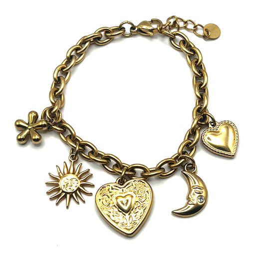 COSMIC CHARM – Bracciale con Ciondoli Sole, Luna, Cuore e Fiore in Acciaio Inossidabile – Eldra Milano