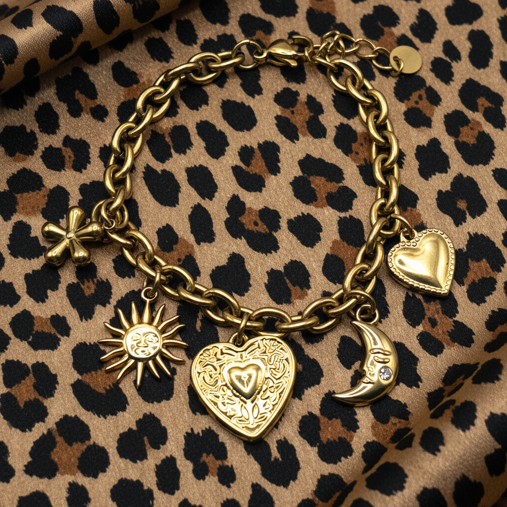 COSMIC CHARM – Bracciale con Ciondoli Sole, Luna, Cuore e Fiore in Acciaio Inossidabile – Eldra Milano