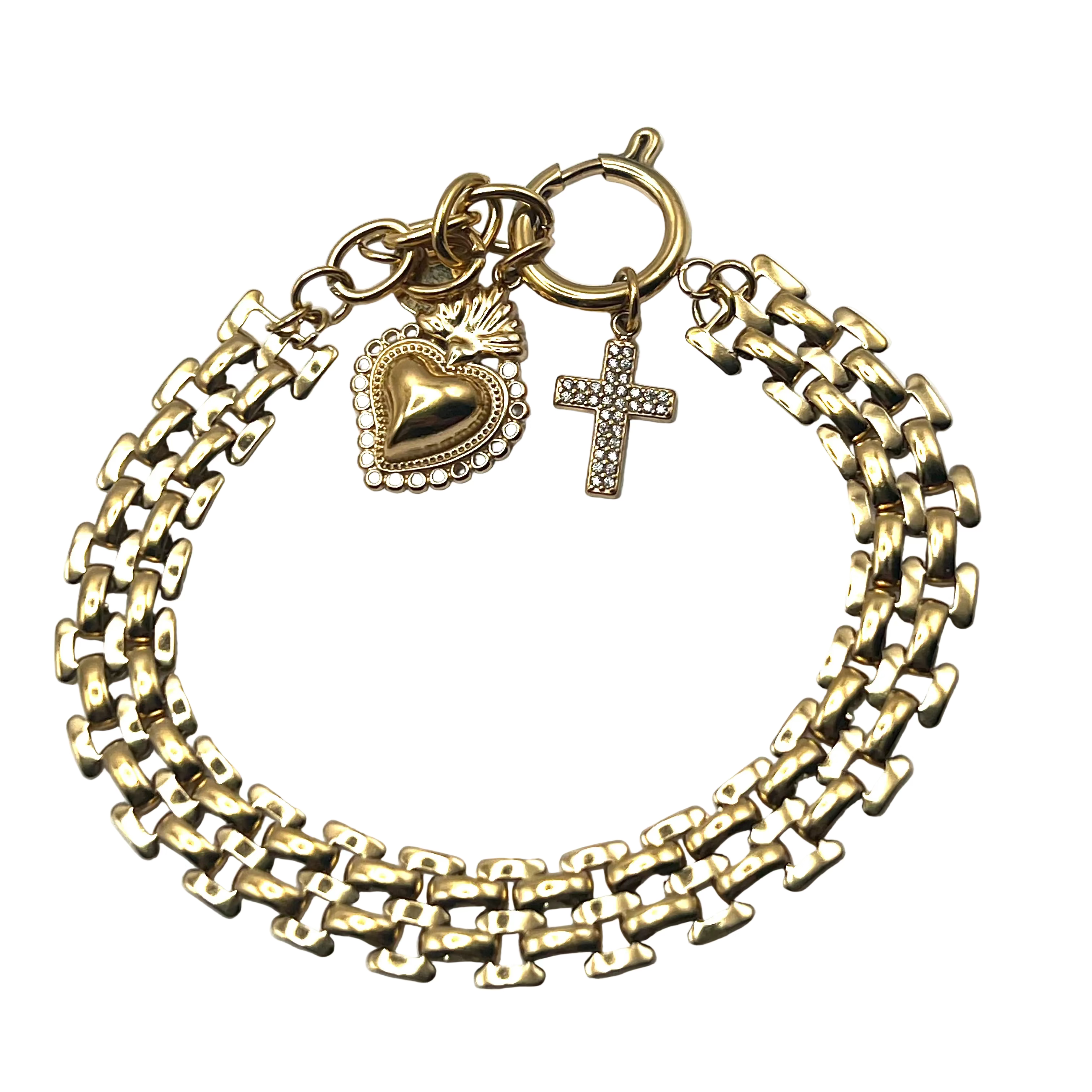 Bracciale SACRED BRICK – Maglia Mattoncino con Charms Cuore Sacro e Croce in Acciaio Inox Oro