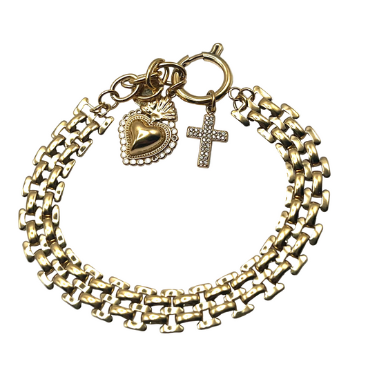 Bracciale SACRED BRICK – Maglia Mattoncino con Charms Cuore Sacro e Croce in Acciaio Inox Oro