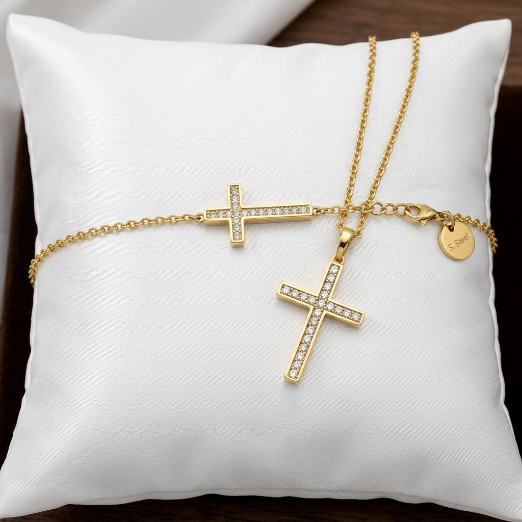 SET CROSS DEVOTION Gold | Collana Shine Cross & Bracciale Side Cross in Acciaio Inox – Eldra Milano