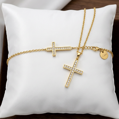 SET CROSS DEVOTION Gold | Collana Shine Cross & Bracciale Side Cross in Acciaio Inox – Eldra Milano