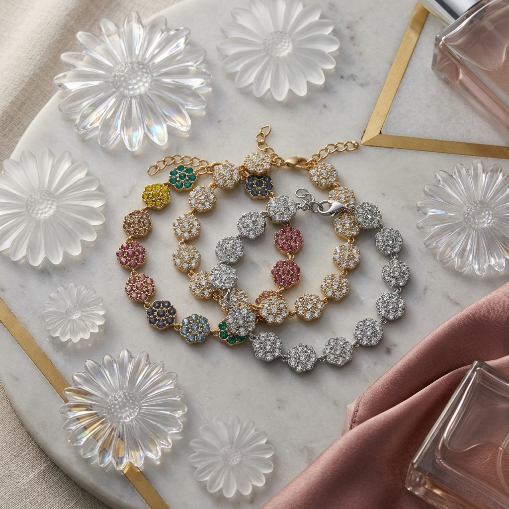 FLOWER TENNIS – Bracciale Donna con Fiori e Zirconi in Acciaio Inossidabile – Eldra Milano