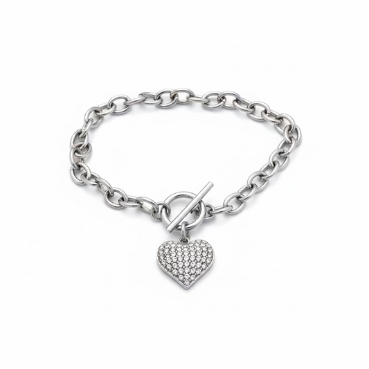 GLOW HEART TOGGLE – Bracciale a Catena con Cuore di Strass e Chiusura T-Bar – Eldra Milano
