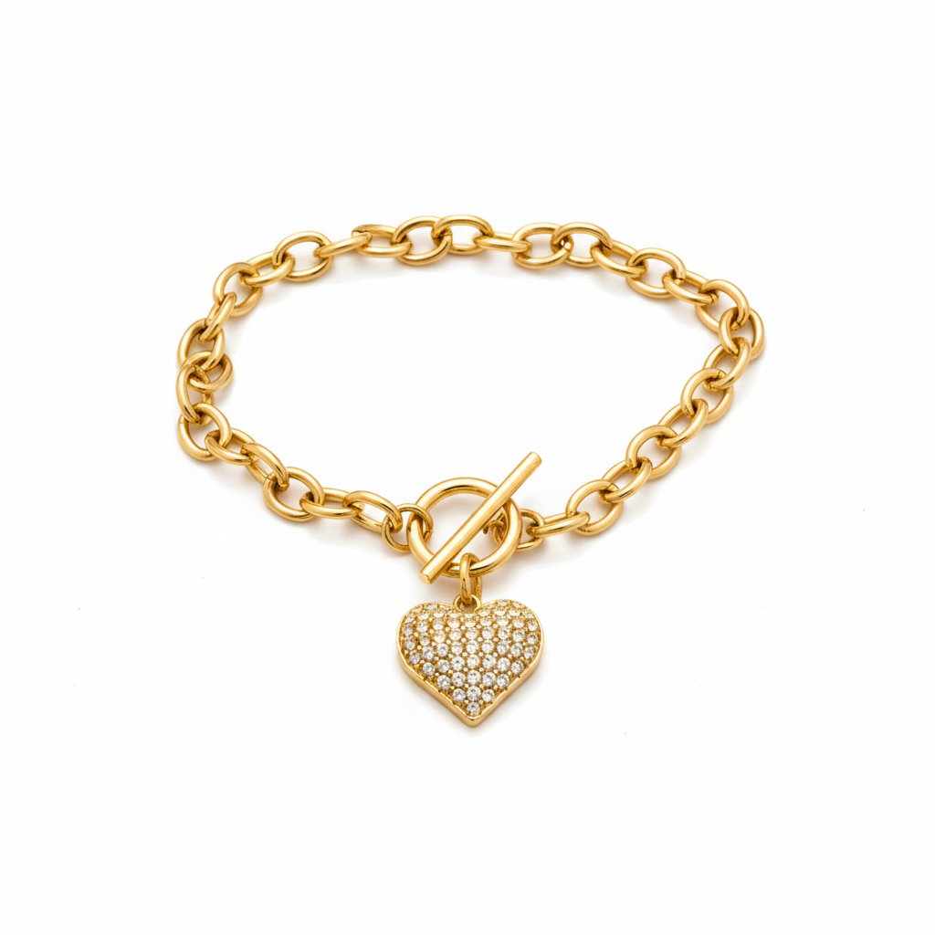 GLOW HEART TOGGLE – Bracciale a Catena con Cuore di Strass e Chiusura T-Bar – Eldra Milano