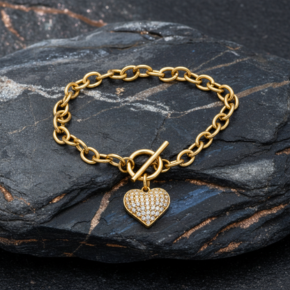 GLOW HEART TOGGLE – Bracciale a Catena con Cuore di Strass e Chiusura T-Bar – Eldra Milano