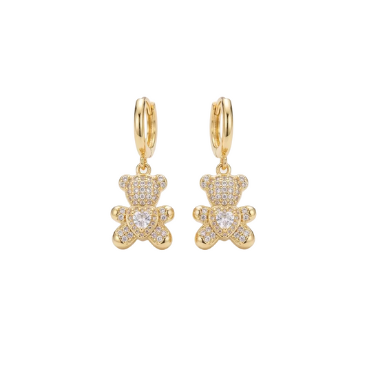 Orecchini orso GLOW TEDDY – Orecchini a Cerchio con Pendente Orsetto, Strass e Zircone a Cuore – Eldra Milano