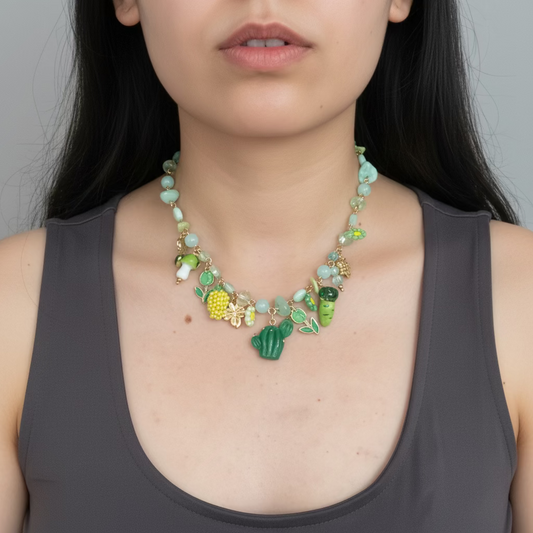 GLOW GARDEN – Collana con Perline Colorate e Charms Natura (Cactus, Tulipano, Funghi) – Eldra Milano