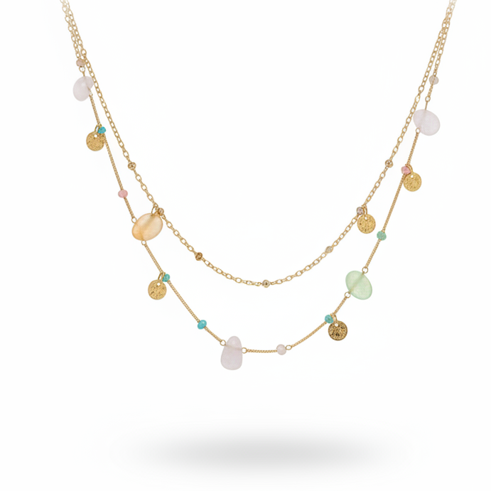 GLOW LAYERS – Doppia Collana Gold con Pietre Multicolore e Charm – Eldra Milano